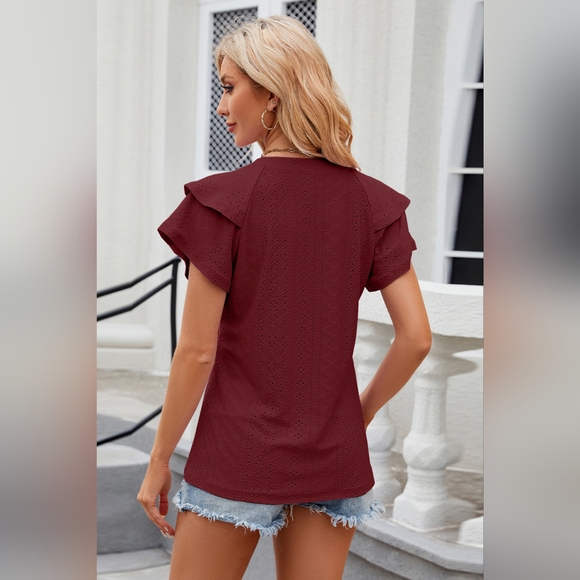 Eyelet Notched Short Sleeve Burgundy T-Shirt Top - Picture 4 of 5